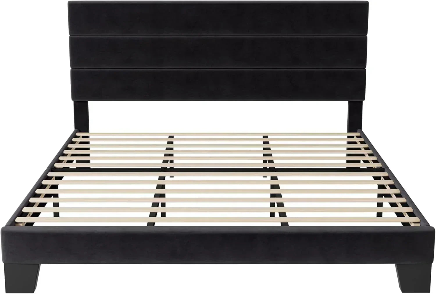 Allewie King size platform bed frame with velvet upholstered headboard and planks